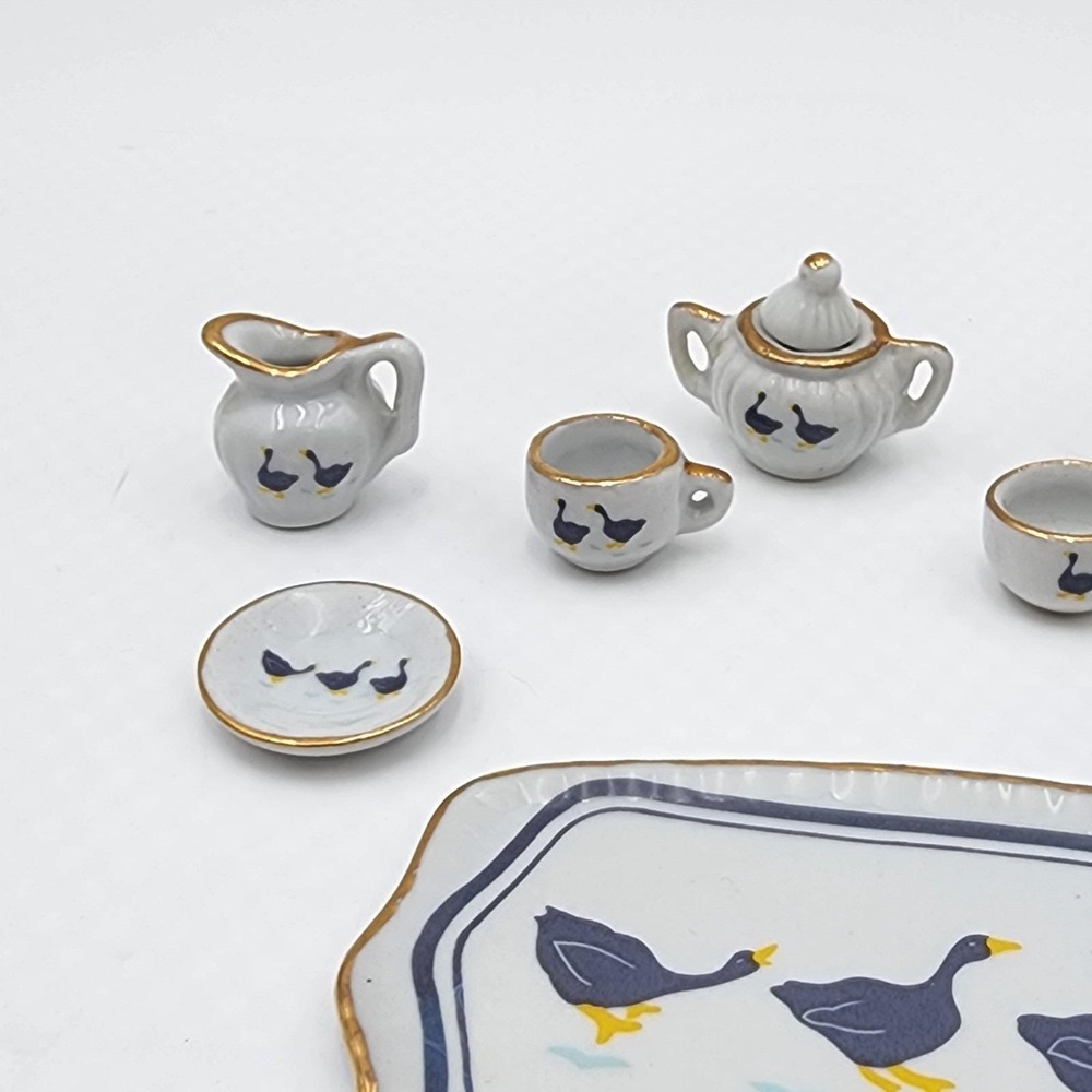 Vintage 80s Miniature Porcelain Tea Set with Country Goose Motif Gold Trim 10 Pc - Picture 5 of 8